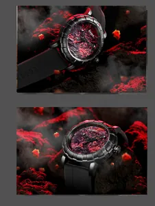 Vista detallada del reloj Assassin's Time con esfera de lava y correa de silicona negra.