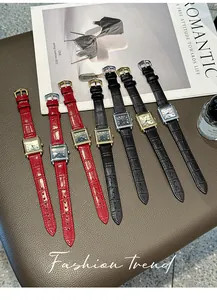 Collection of vintage square ladies' watches with various leather strap colors and finishes