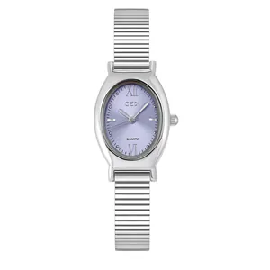 GEDI minimalist oval women's quartz watch with purple dial and silver stretch band
