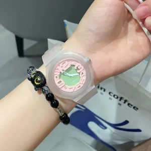 Panmila silicone quartz watch with pink green dial and frosted strap shown on wrist