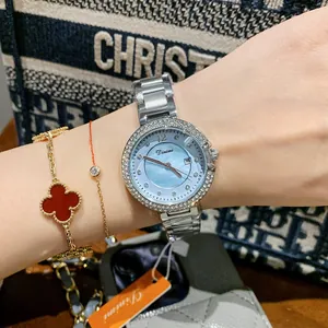 Dinimi silberne Damen-Quarzuhr mit Strass-Lünette und blauem Zifferblatt