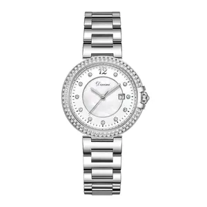 Elegante Dinimi Damen-Quarzuhr mit Strass-Lünette und poliertem Edelstahlarmband