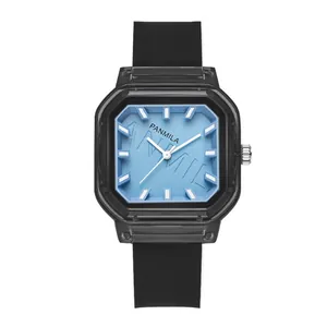 Reloj de cuarzo cuadrado para mujer con esfera azul y correa de silicona negra