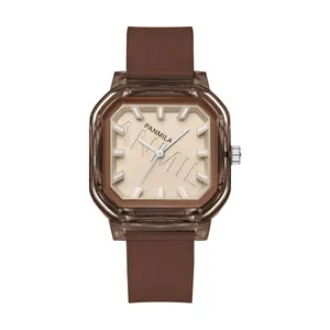 Stylish women's square quartz watch with brown silicone strap and translucent case