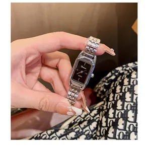 Close-up view of Dinimi elegant rectangular silver quartz watch for women