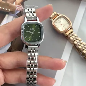 GEDI elegant square quartz watch with green dial and silver steel strap for women