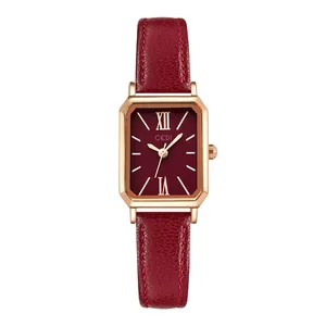 Montre carrée GEDI élégante pour femme avec bracelet en cuir bordeaux et chiffres romains