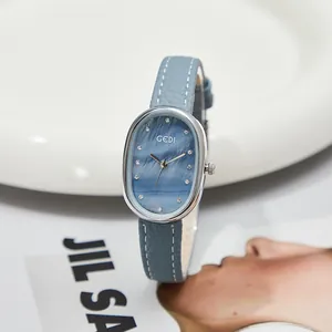 Elegante reloj de cuarzo ovalado GEDI para mujer con esfera azul y correa de cuero