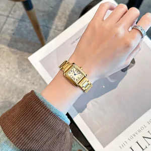 GUOU Vintage Square Women's Quartz Watch Light Luxury Retro Tank Style Stainless Steel Band Roman Numerals Wristwatch Gold Silver