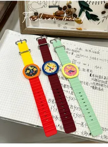 Detailed view of colorful cartoon watches with star dials and silicone straps