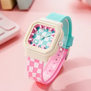 Reloj de cuarzo cuadrado Panmila para niñas con correa de silicona estilo dopamina