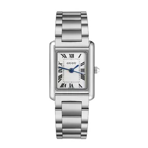 Elegant GUOU square silver stainless steel strap quartz watch vintage style for women.