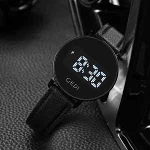 Montre Numérique pour Femmes GEDI Étanche LED Ronde Électronique Montre Étudiant Décontractée Bracelet en Silicone Texture Cuir