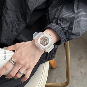 GUOU square mechanical watch with transparent case and white silicone strap for women