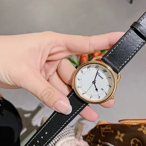 Dinimi elegant ladies quartz watch with round white dial and black stitched leather strap