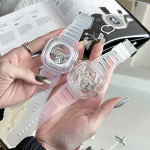 GUOU fashion transparent square mechanical watch for women with stylish silicone strap