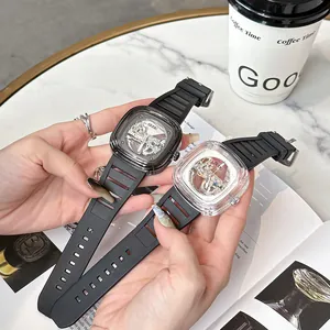 Stylish GUOU transparent square mechanical watch for women with black silicone strap