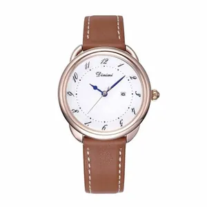 Dinimi minimalist women's quartz watch featuring a date display and brown leather strap