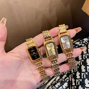 Dinimi elegant gold steel strap quartz watch for women with minimalist rectangular dial