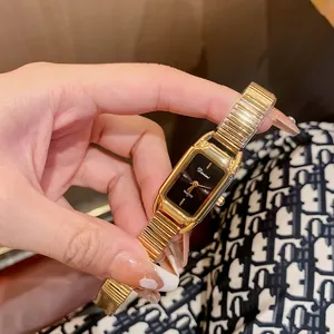 Elegant Dimini vintage gold square watch for women with black dial and metal strap