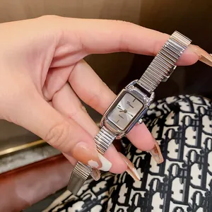 Elegant Dimini minimalist retro square silver quartz wristwatch for women with metal link band