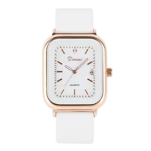 Elegante reloj de cuarzo cuadrado Dinimi con correa de silicona blanca y fecha