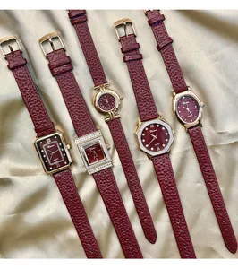 Five stylish women's watches in Angola red leather with diverse gold-tone cases.