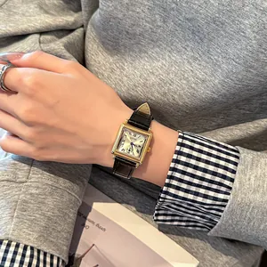 GUOU elegant retro square women's watch with gold case and black leather strap