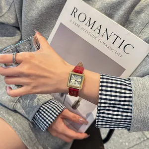 GUOU modern retro women's square watch with red leather strap for daily fashion wear