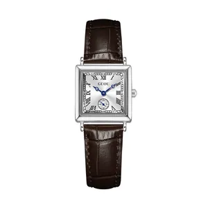 Vintage GUOU square women's watch with brown leather strap and elegant blue hands