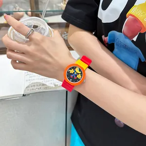 Cartoon Star Moon Pattern Quartz Watch For Students Dopamine Contrast Color Silicone Strap Round Dial Wristwatch Jewelry Gift