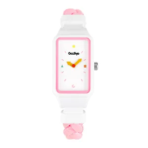 Reloj lindo para niña con correa de cuerda trenzada rosa y esfera cuadrada de color