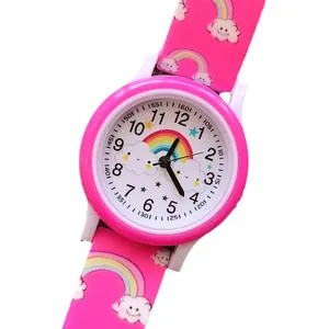 Orologio al quarzo rosa per bambine con motivi a cartoni animati di arcobaleni e nuvole