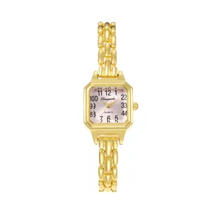 Elegante orologio da polso al quarzo dorato con quadrante quadrato vintage da donna.