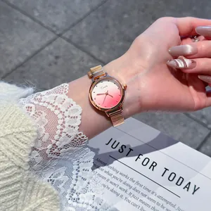 Eavanlin elegant women's quartz watch with pink gradient glitter dial and mesh strap