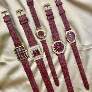 Vintage Angola Red Women's Quartz Watch Fashion Leather Strap Small Dial Gold Alloy Case Rhinestone Accents French Style Wristwatch
