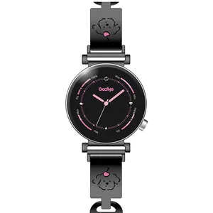 GCCLIYO Damen-Armbanduhr aus schwarzem Stahl mit pinkem Pudel-Design auf dem Zifferblatt