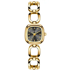 Elegant GEDI women's square watch with gold-toned chain bracelet and black dial
