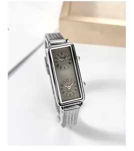 Close-up detail showing the dual time zone dial of Gedi vintage rectangular mesh watch.