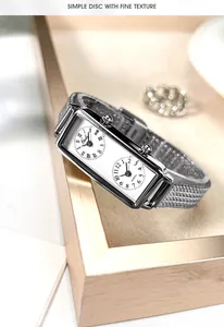 Close-up view of the Gedi vintage rectangular dual time zone watch with silver mesh band