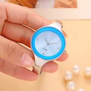 Primo piano di un orologio a bracciale al quarzo argento con quadrante blu in mano.