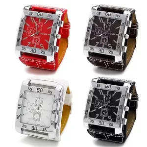 Colección de cuatro elegantes relojes cuadrados WoMaGe para hombre en rojo, negro y blanco.