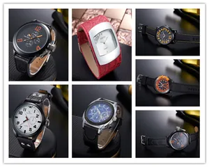 Collage professionale con vari orologi al quarzo eleganti con cinturini in pelle e silicone