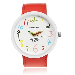 Orologio al Quarzo WOMAGE da Donna Quadrante Bianco Grande Numeri Colorati Lancette a Matita Cassa in Lega Cinturino in Ecopelle Moda Studente