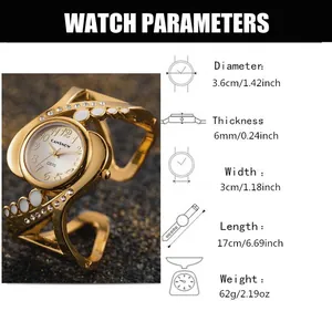 Scheda tecnica dettagliata per orologio a bracciale dorato CANSNOW con dimensioni.