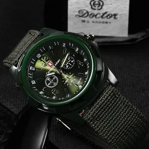 Close-up detail of military green sports watch featuring a durable nylon canvas strap