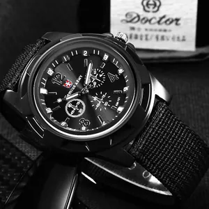 Detailed close-up of a men's sports watch featuring a black canvas strap and dial.