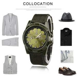 Men's military watch with green nylon strap shown in a fashion outfit collocation.