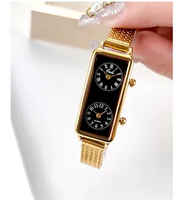 Detail of Gedi vintage rectangular dual time zone watch with elegant gold mesh strap