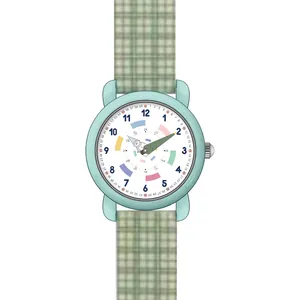 Leuke waterdichte kinderhorloge met een mintgroene rasterpatroon siliconen band